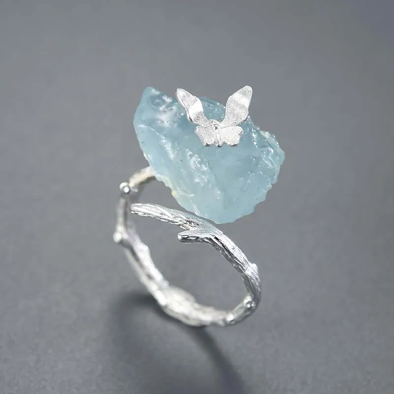 Lotus Fun Adjustable Aquamarine Big Gemstones Butterfly Rings for Women Original 925 Sterling Silver Dating Luxury Fine Jewelry