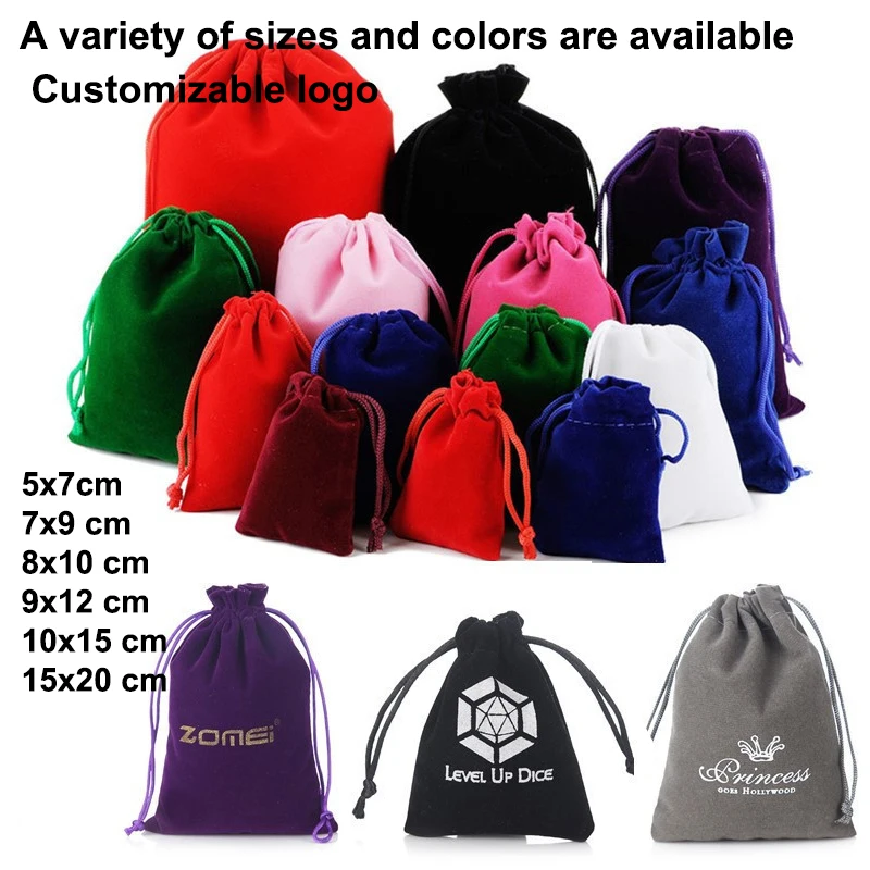 50pcs/lot Coloful Velvet bag Drawstring Pouches Jewelry Packaging Display Drawstring Packing Gift Bags & Pouches Printable Logo