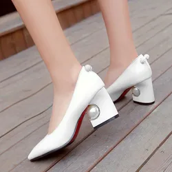 Designer New Fashion Glossy Pumps Women Pointed Toe Pearl High Heels Red Pink Silver Sexy Lady Wedding Shoes Plus Large Size 46