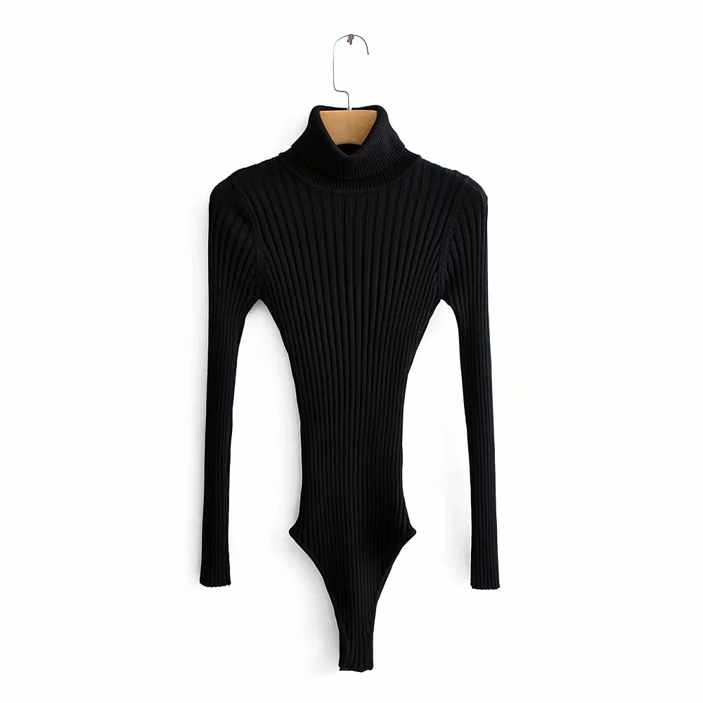 Women Knitted Solid Turtleneck Long Sleeve Black Grey Orange Blue Bodysuit Top Jumpsuit