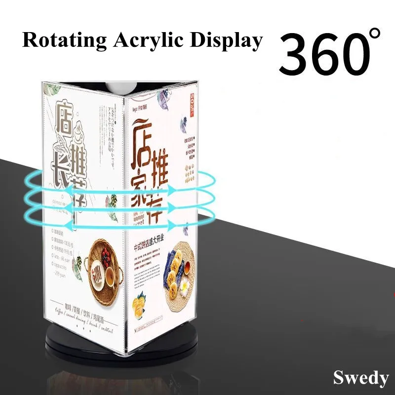 360 Degree Rotating Restaurant Menu Sign Holder Display Stand Three Side Coutertop Acrylic Table Number Poster Picture Frame