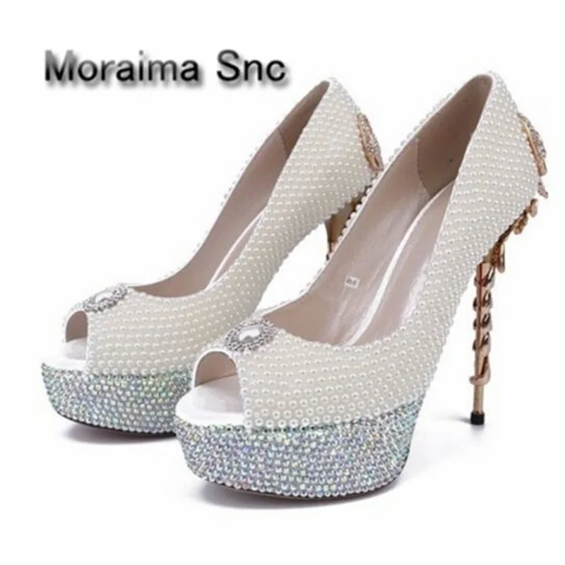 

Moraima Snc Newest High Quality Women Shoes Peep toe White Pearl Scorpion Heel Pump Wedding Party Dress 2018