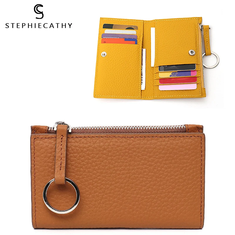 SC Brand Fashion Genuine Leather Small Wallet For Women Design Key Ring Zip Coin Pocket Female Cowhide Bifold Card Holder Purse