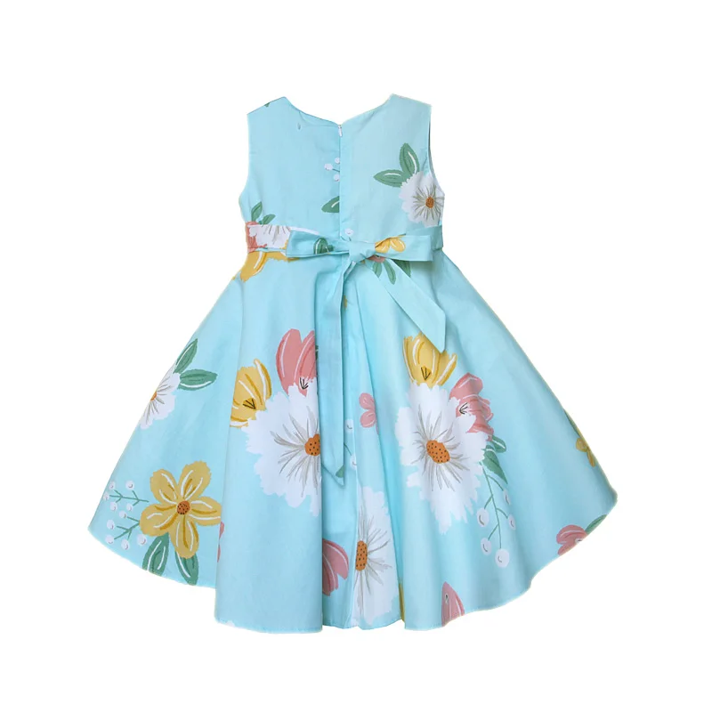 Girls Light Floral Summer Dress + Hat 100% Cotton Sleeveless Sky Blue Beach Party Kids Clothes платье для девочки 2 to 7 Years