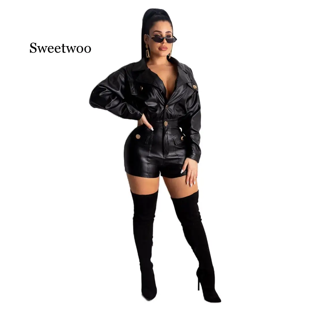 

Sexy Black PU Leather Playsuit Women Turn-Down Collar Single-Breasted Bodycon Short Jumpsuit Winter Skinny Long Sleeve Bodysuit