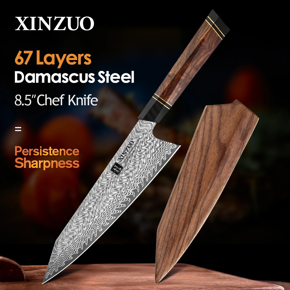 XINZUO 8.5\'\' Inch Chef Knife With Wooden Gift Box VG10 Damascus Steel Kitchen Chef Slicing Knife Cooking Knives with G10 Handle