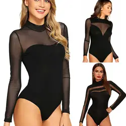 Fashion Trend Women Sexy Mesh Sheer Bodysuit Ladies Long Sleeve Leotard Tops Jumpsuit Summer Mesh Clothing