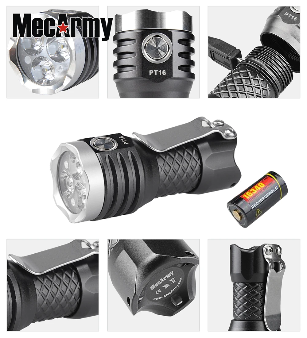 

Portable compact flashlight MecArmy PT16 USB Rechargeable 1100 Lumens EDC Flashlight built-in 16340 battery