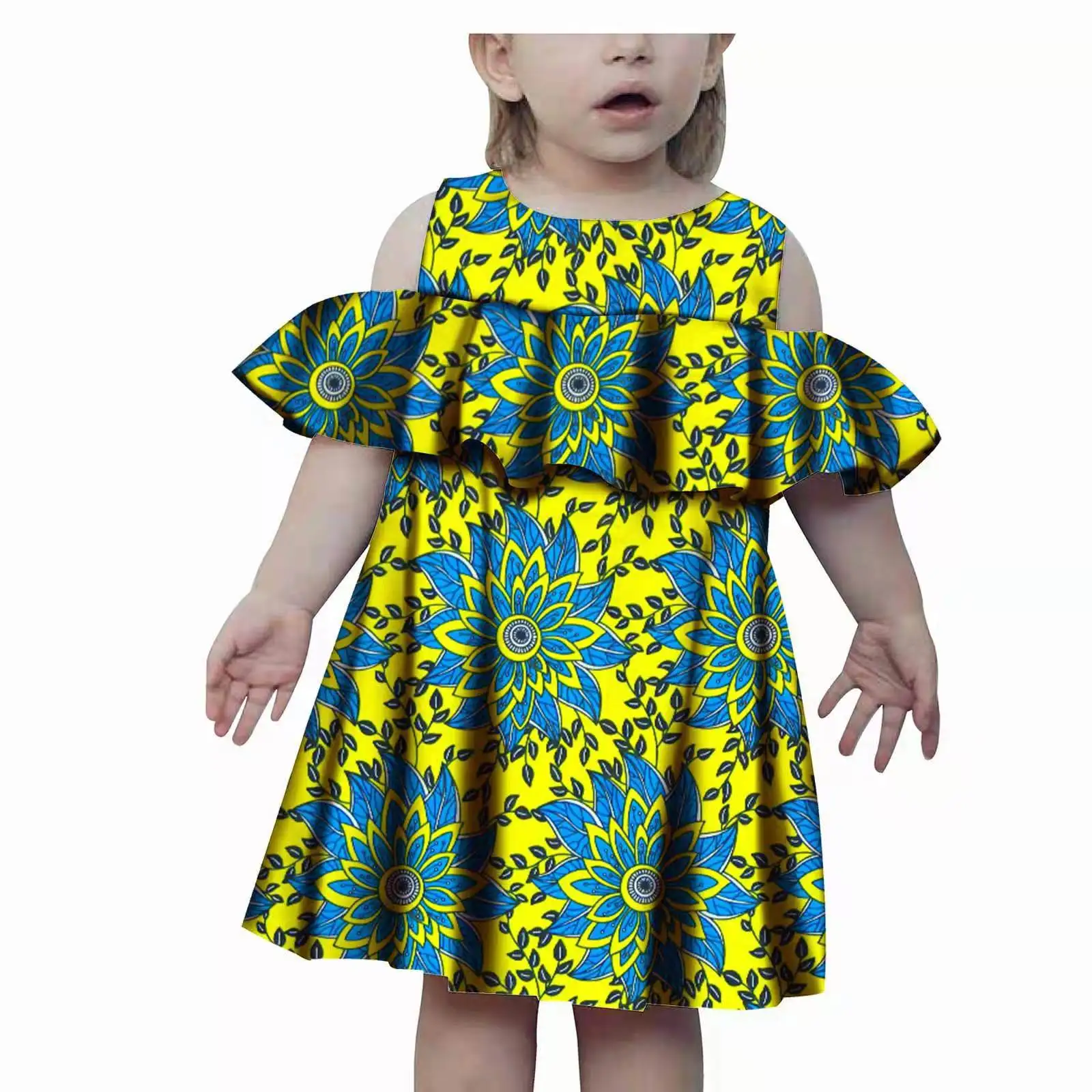 Lovely Girls Dresses Bazin Riche African Print Cute Ankara Dresses for Kids Children African Clothing Party Dress Xmas& New Year