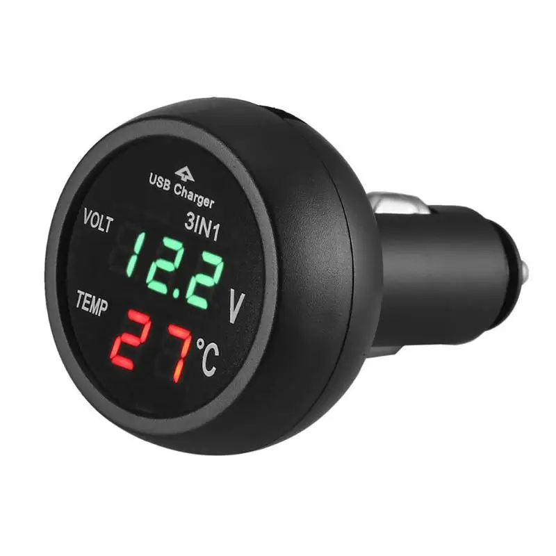 12V/24V Car Voltage Meter Monitor 3 in 1 LED USB Car Charger Voltmeter Thermometer Car Battery Monitor LCD Digital Dual Display