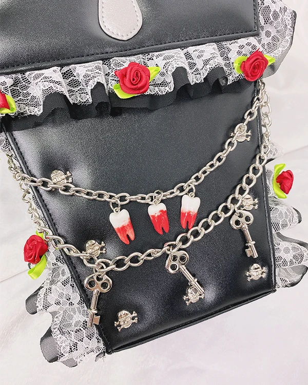 Goth Style Women Shoulder Bag Fashion Coffin Shape Skull Rivets Purses and Handbags for Girls Female Flower Lace Crosbody Bag