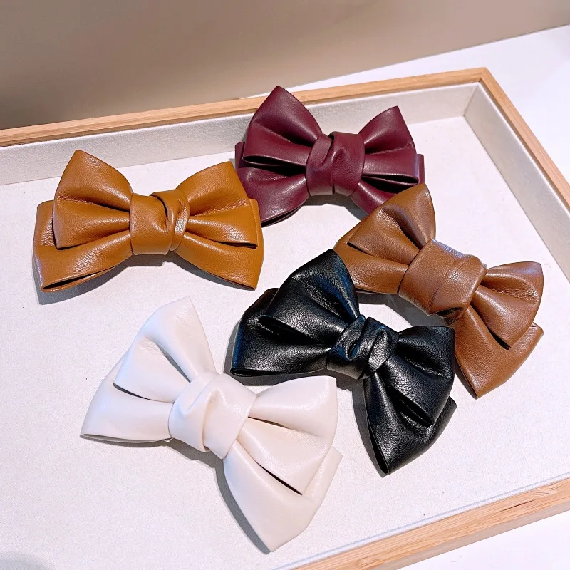 new style hairpin autumn and winter French retro pu leather bow hairpin temperament hair accessories bangs clip hair accessories