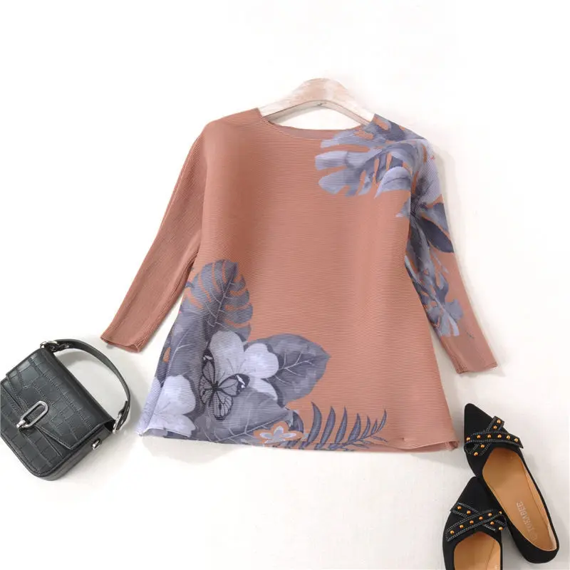 

Blouse Spring Ink Plant Print Round Neck Large Pleated Upper Clothes Seven-point Sleeve Bottoming Shirt Pressing Blouse Clothing