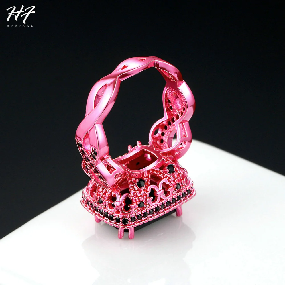 New Luxury Fashion Square Black Cubic Zirconia Pink Gold Color Ring Cocktail Rings For Women Punk Hippie Fashion Jewelry DD041