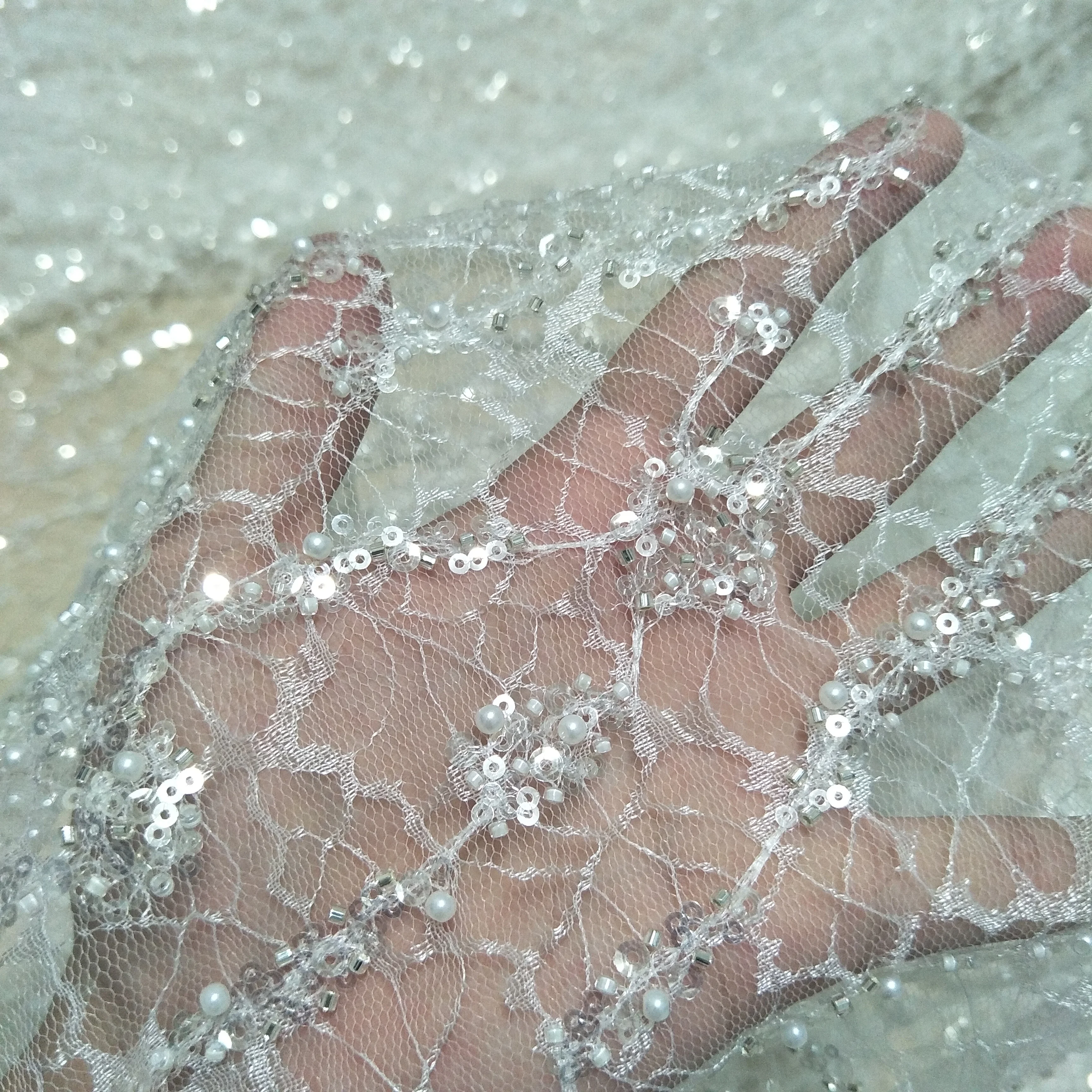 sparkle beads lace fabric with pearls wedding gown dress lace fabric bridal lace fabric sell by yard 130cm width