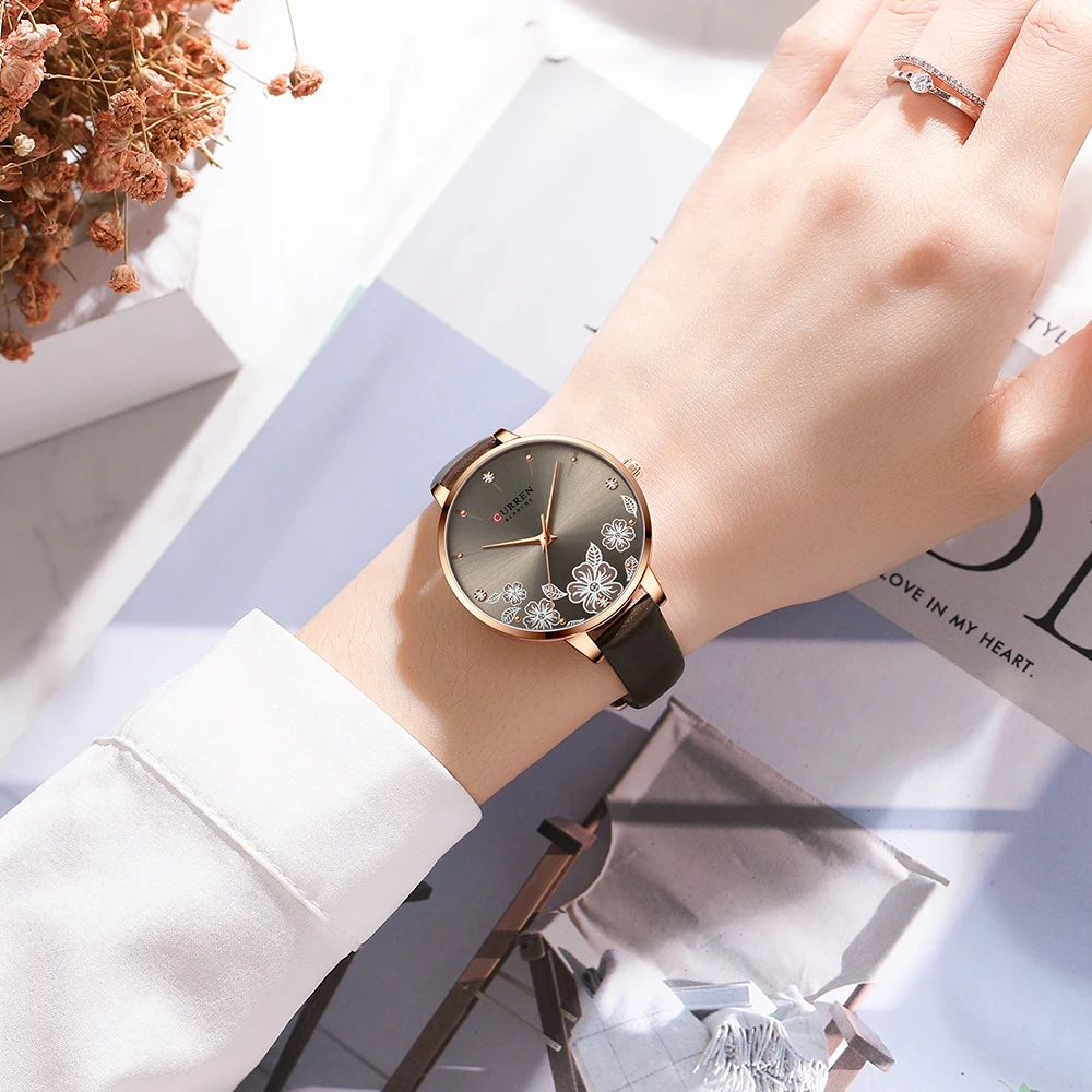 CURREN – montre-bracelet en cuir pour femmes, étanche, Design de luxe, rétro, cadran à fleurs