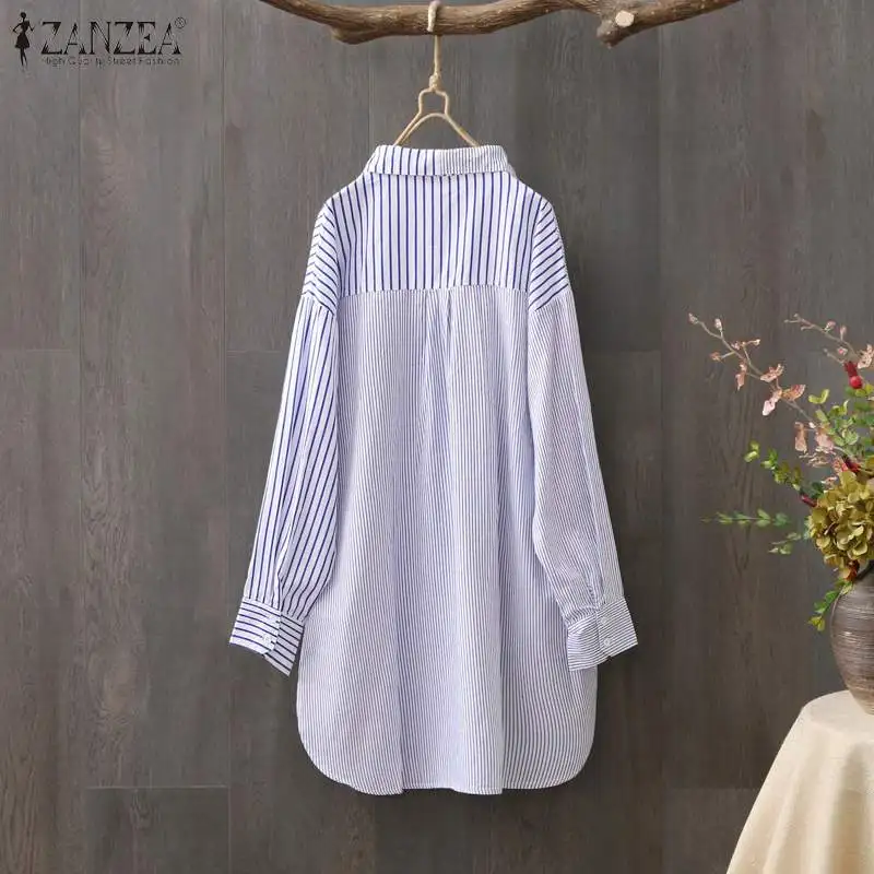 Oversized Women\'s Asymmetrical Shirts ZANZEA 2023 Elegant Striped Tops Casual Long Sleeve Blusas Female Button Stiching Tunic