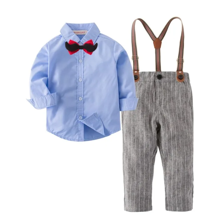 Gentleman Bow tie Decorated Blue Shirt and Detachable Braces 2-piece Set Boy formal Clothes/Boy Birthday party Suit 3223