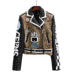 Spring Autumn New Rivets Beading Short Leather Jacket for Women Fashion Leopard Printing Punk Moto Style PU Leather Coat Outwear