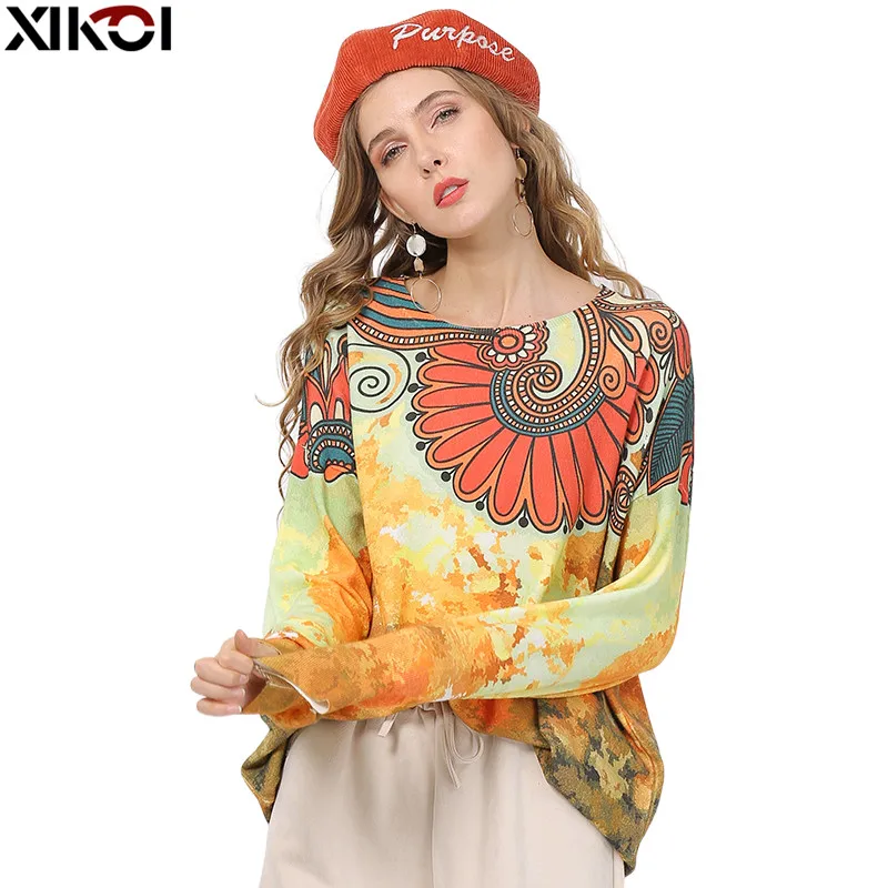 New XIKOI Winter Retro Print Sweater Women Pullovers Knitted O-Neck Jumper Women Oversized Warm Sweaters High Elastic Pull Femme