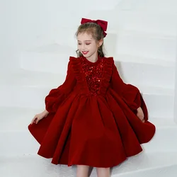 Girls Ceremony Dresses Spring Autumn Lace Long Sleeve Velvet for Children Christmas Birthday Party Elegant Princess Dress