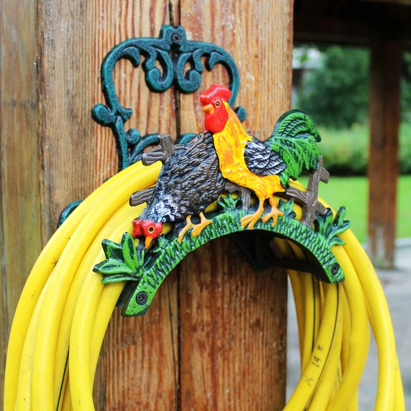 Heavy Duty Cast Iron Hose Holder Hand Painted Rooster Hen Garden Yard Decorative Cock Wall Mounted Butler Water Pipe Rack Hanger