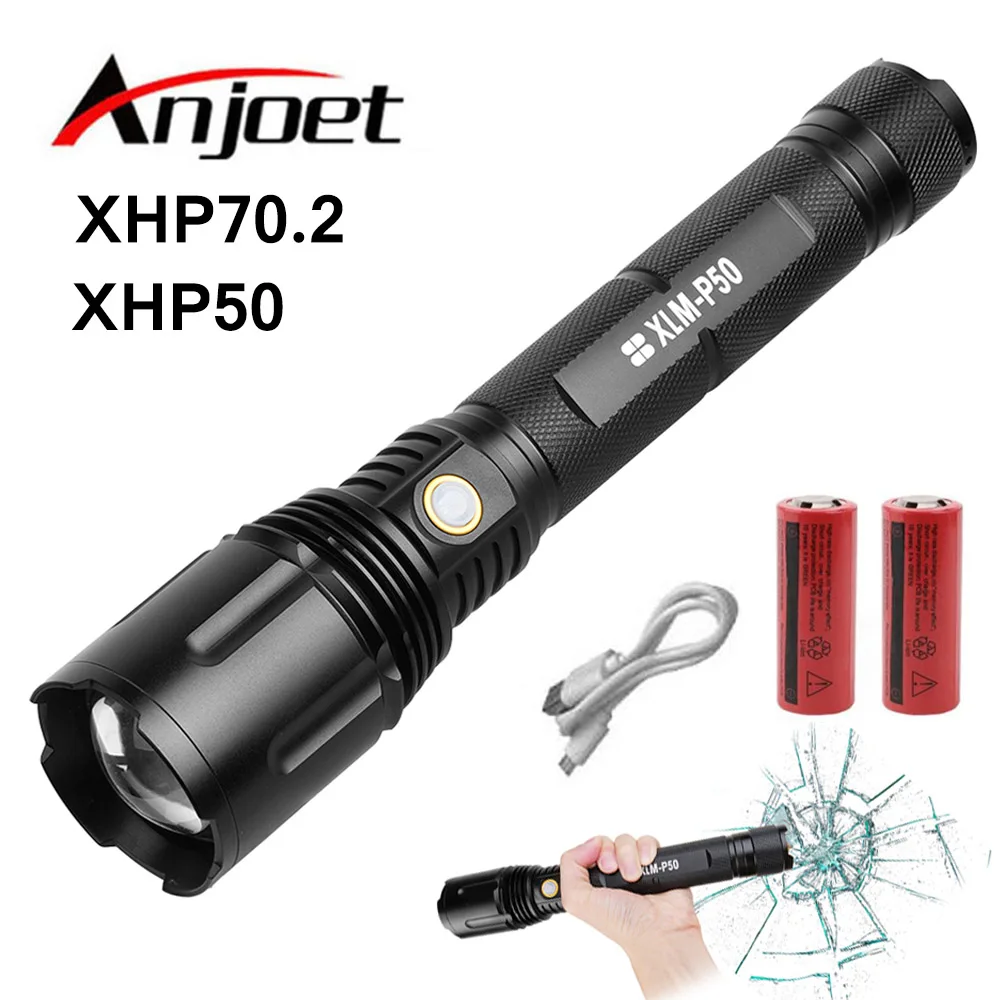 

Anjoet Powerful LED Flashlight P70 Aluminum USB Rechargeable Zoomable XHP50 Torch Tactical Defense Lantern Camping Hiking Light