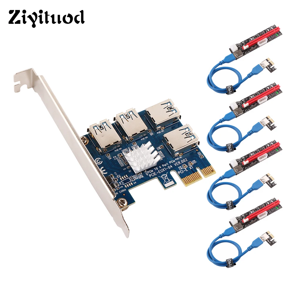 

PCI-E Riser Adapter Card 1X TO 16X Graphics Extension Ethereum ETH Mining Powered +4 Port Transfer Adapter+60cm USB 3.0 Cable