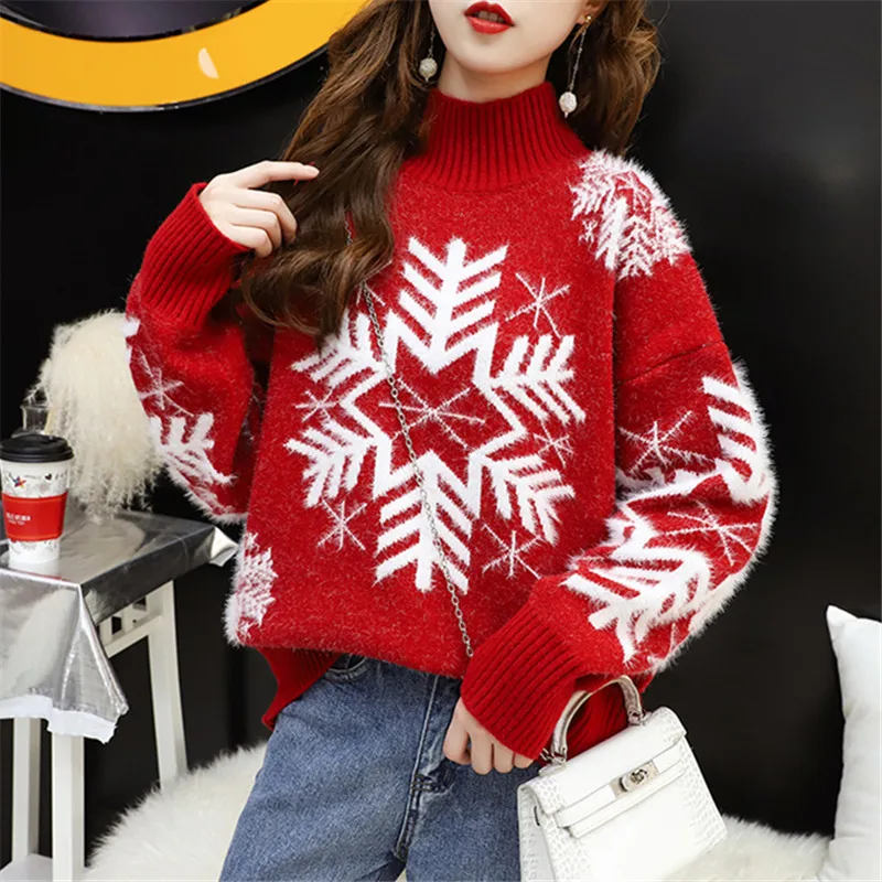 

Christmas Sweater Women Casual Turtleneck Pullovers Winter Thick Warm Casual Loose Long Sleeve Sweaters Korean Tops Female