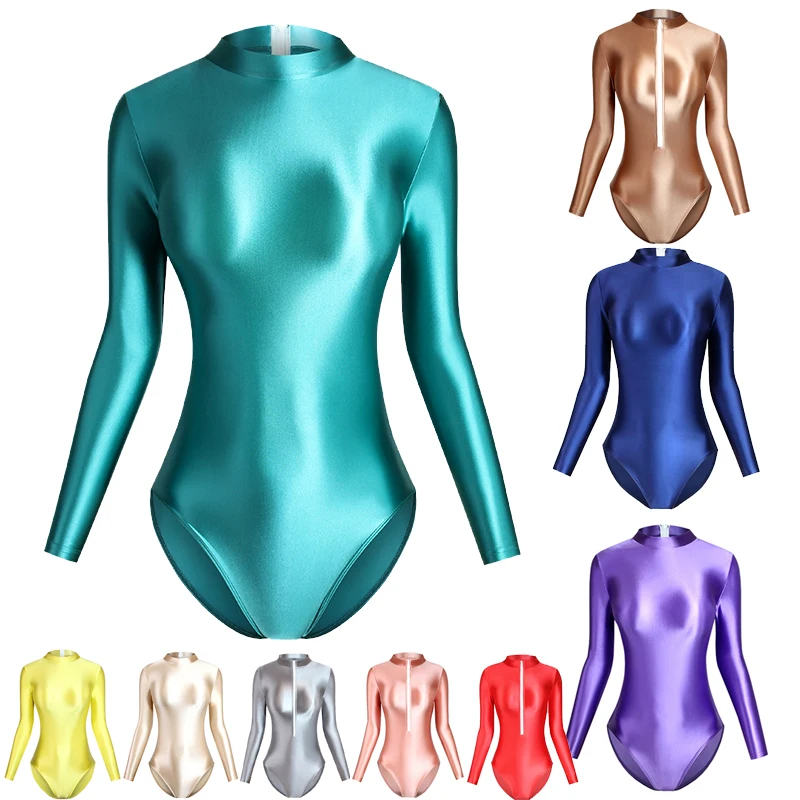 Front Zipper Swimsuit High-Waisted Womens Sexy Tight Glossy High Fork Long Sleeve Solid Color T-Shirt Leotard One Piece Swimwear