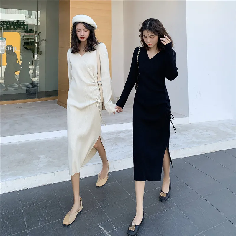 

Women Maxi Dress Sweater Dress V-neck Drawstring Slit Knit Long Dresses Winter Fashion Party Dresses