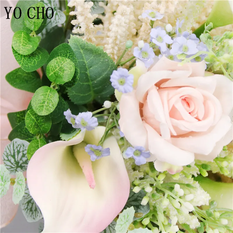 YO CHO สีชมพู Rose Calla Lily ช่อดอกไม้ Handmade เจ้าสาว Wedding Bouquet ดอกไม้ Home Party Decor ใหม่ล่าสุดออกแบบอุปกรณ์จัดงานแต่งงาน