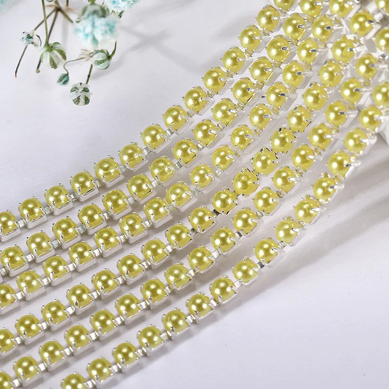 2mm 1M Colored Pearls High Density Pink Sew On Rhinestones Cup Chain Rhinestones Trim Silver Claw For Clothes Summer decoration