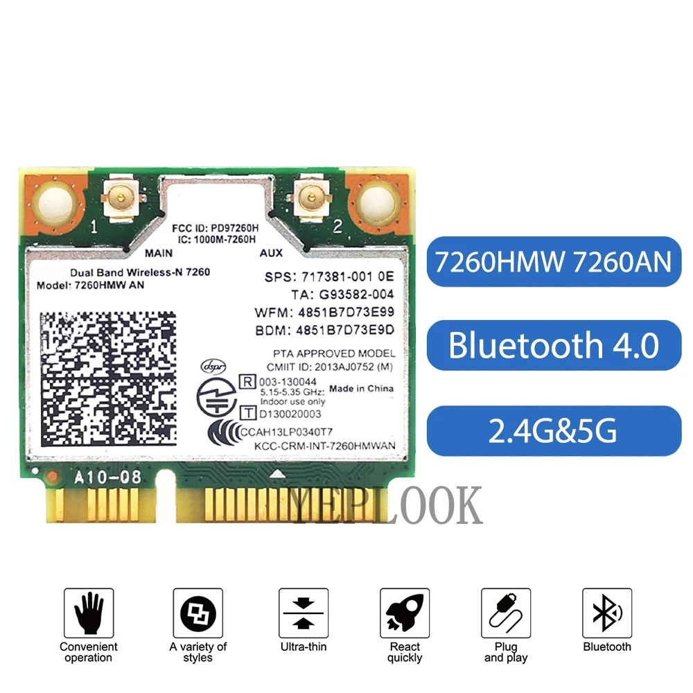 Wifi Card 7260AN 7260HMW AN 300Mbps Dual Band 2.4G/5Ghz Bluetooth 4.0 Half Size Mini PCI-E Network Card General Version