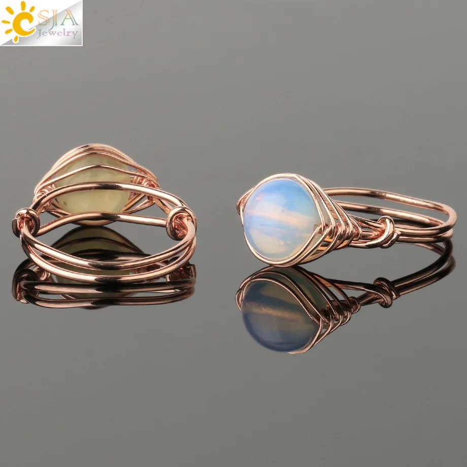 Round Natural Stone Ring Rose Gold Color Wire Wrap Handmade Opal Clear Quartz Obsidian Rock Crystal Finger Ring Healing G345