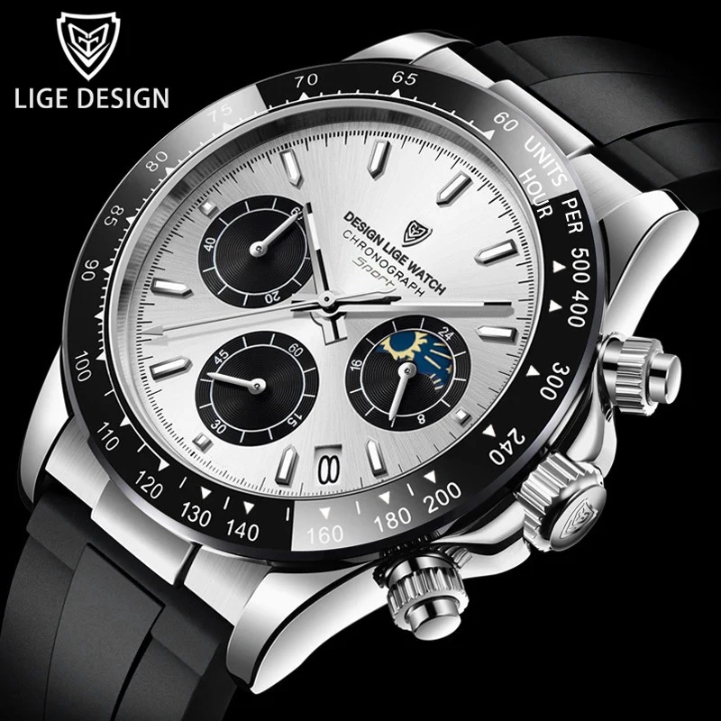 LIGE Top Brand Luxury Mens Watches Sport Silicone Chronograph Quartz Watch for Men Wristwatches Waterproof Relogio Masculino+Box