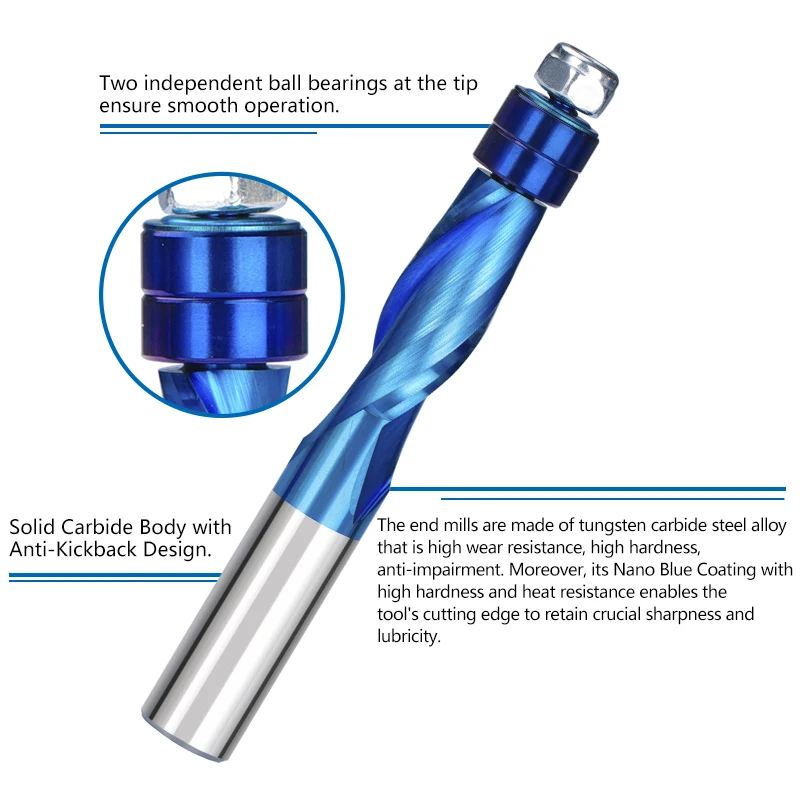 XCAN Router Bit Two Flute Flush Trim Wood Milling Cutter UP Cut Mill with Bearing 1/4 1/2 Shank Spiral End Mill