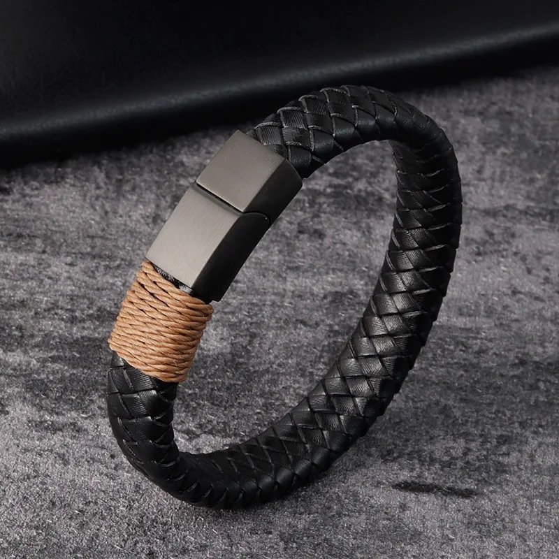 Bracelet Men Black Leather Bangle Steel Magnetic-clasp Cowhide Braided Trendy Bracelet Charm Male Jewelry pulsera hombre