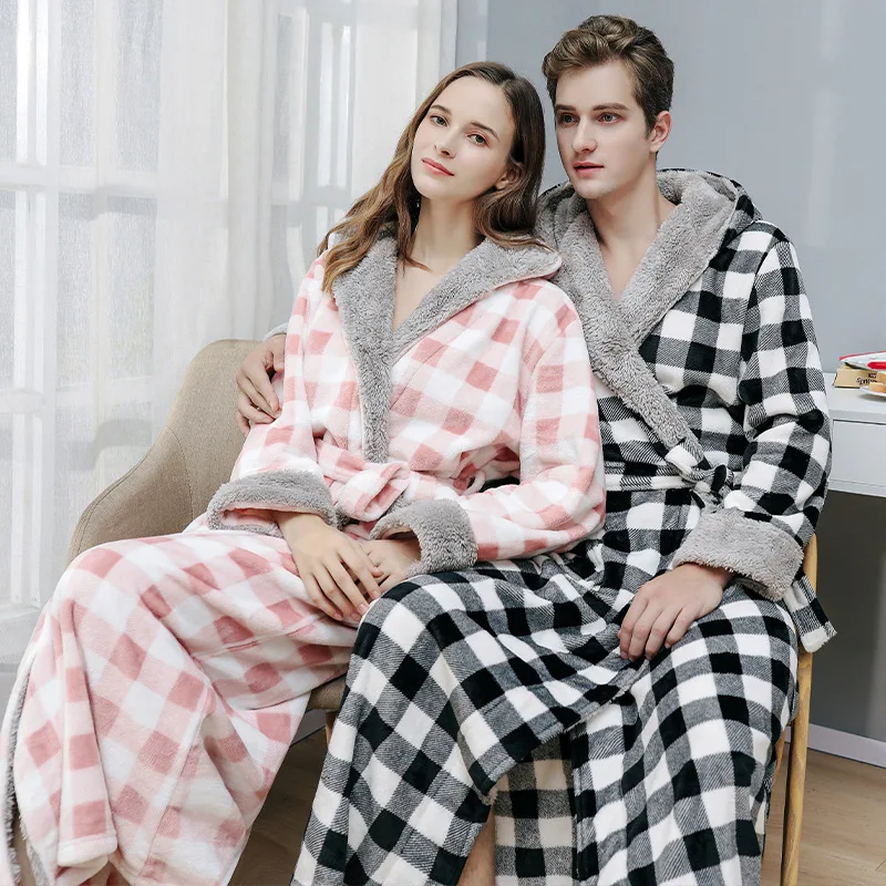 Men Women Winter Housecoat Cosy Hooded Robes Long Fluffy Fleece Plaid Dressing Gown