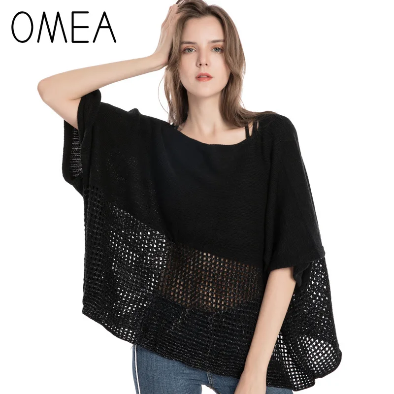 OMEA Women Hollow-carved Pullover Poncho with Boat Neck Sexy Solid Color Plaid Ponchos and Capes Knitted with Golden Silk Thread