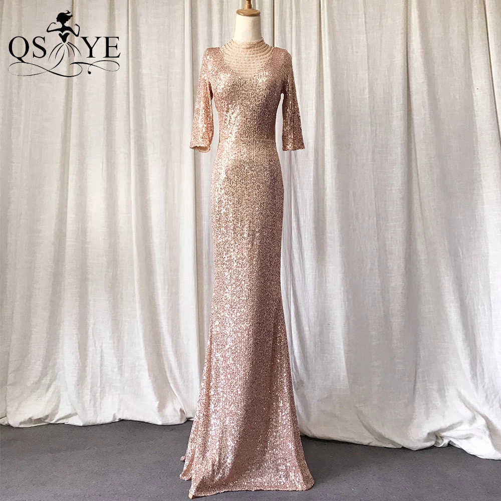 

Long Sleeves Gold Evening Dresses Mermaid Sequin Prom Gown Glitter Fit Party Formal Gown Beading High Neck Women Vestido Keyhole