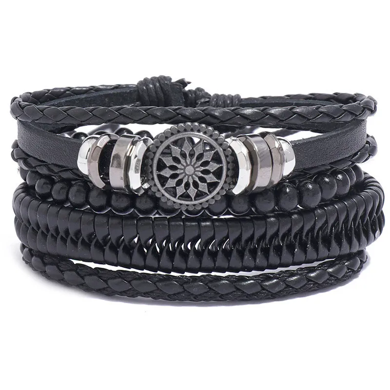 Modyle 4pcs/ set Adjustable Leather Bracelets for Men Braided Black Brown Bangle Life Tree Leaf Rudder Charm Bracelet Gift