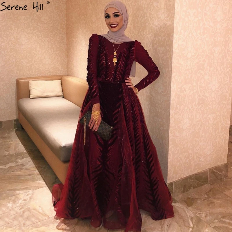 Velvet Muslim Wine Red Evening Dresses Long   Design Beading Formal 2025  Serene Hill Plus Size LA60903 Customized