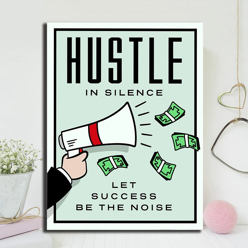 Hustle in Silence, deje que el éxito sea el ruido minimalista, lienzo monopolínicamente, imprime imágenes, pinturas modulares, p