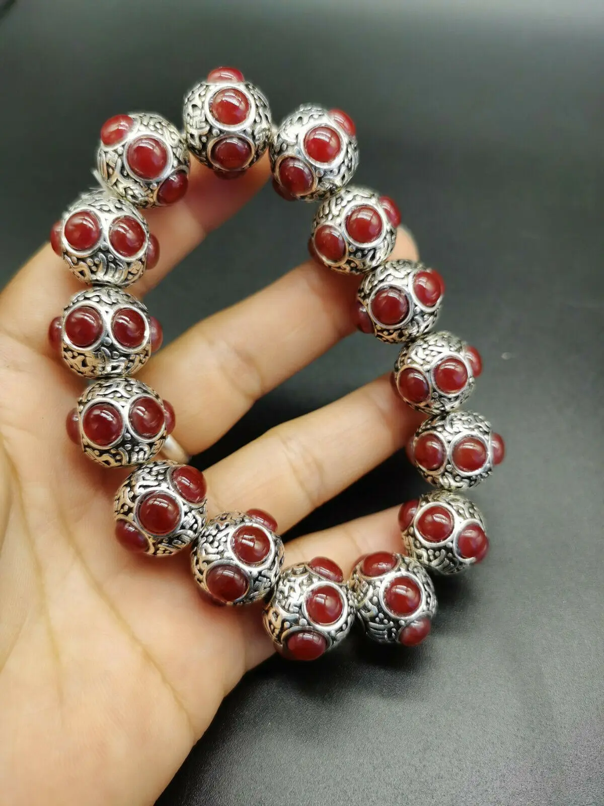 China Old Tibetan Silver Inlaid Red Colour Jade Bead Hand String Bracelet