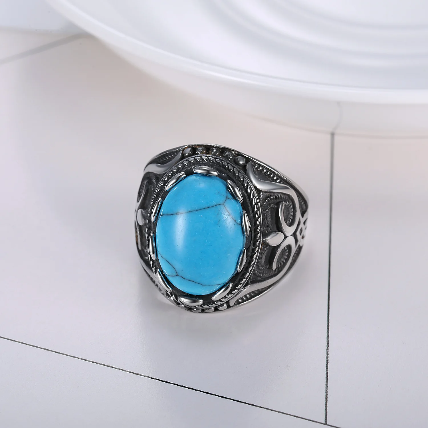 Retro Round Titanium Steel Inlaid 3colour Onyx Ring Gift Men Domineering Rings Party Jewellry Accessory Hollowen Gift