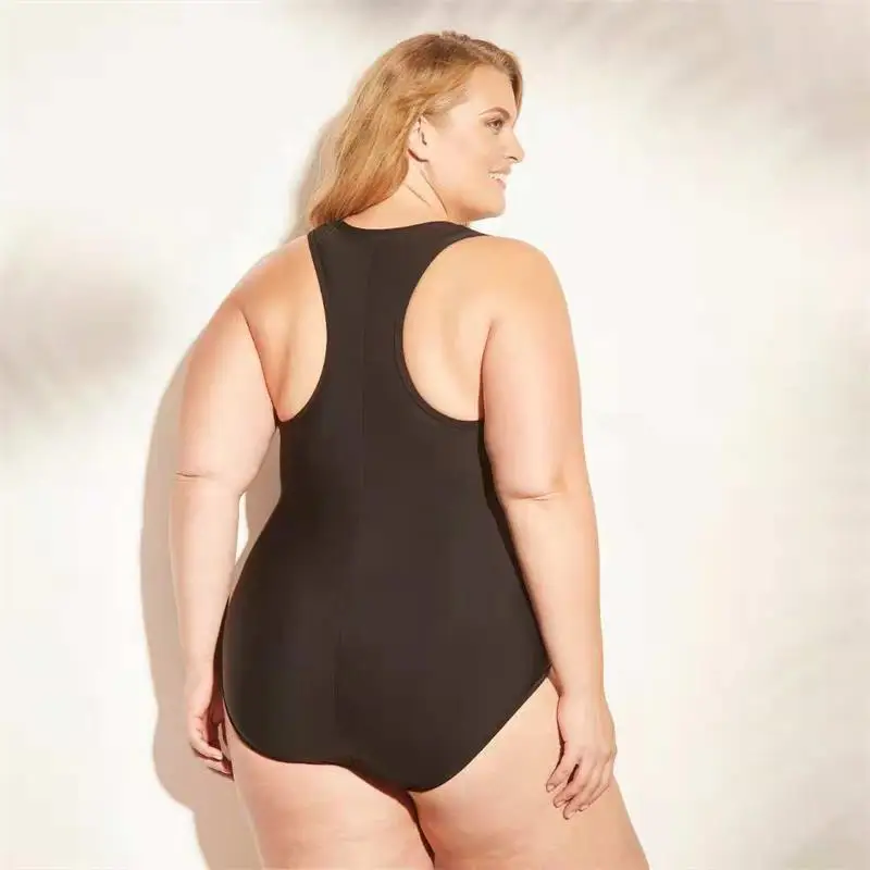 Women's Plus Size Swimsuits One Piece Zip Front Bathing Suits Fused Large Female Swimwear Padded Black Bodysuit 4XL Monokini