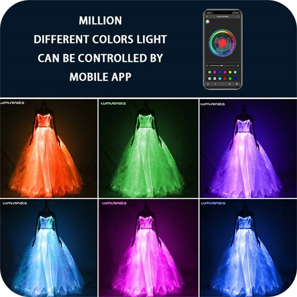 Lumisonata Light Up Glow In The Dark Fiber Optic Fabric Women Customizable Luminous Dress Led Long Skirt For Wedding Party