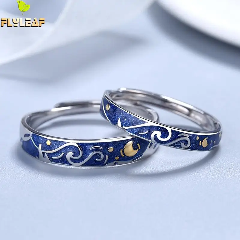 925 Sterling Silver Van Gogh Starry Sky Open Couple Ring For Women Men Romance Student Birthday Gift Premium Enamel Jewelry