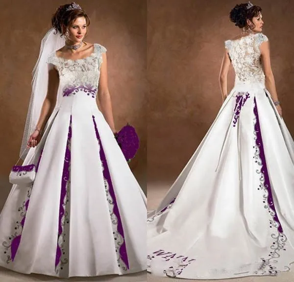 Purple And White Wedding Dress A Line Satin Lace Embroidery Court Train 2021 Luxury Capped Sleeves Scoop Bridal Wedding Gowns